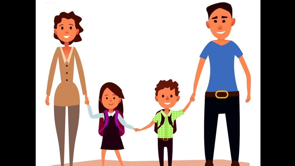 cartoon image of family with kids in school uniforms